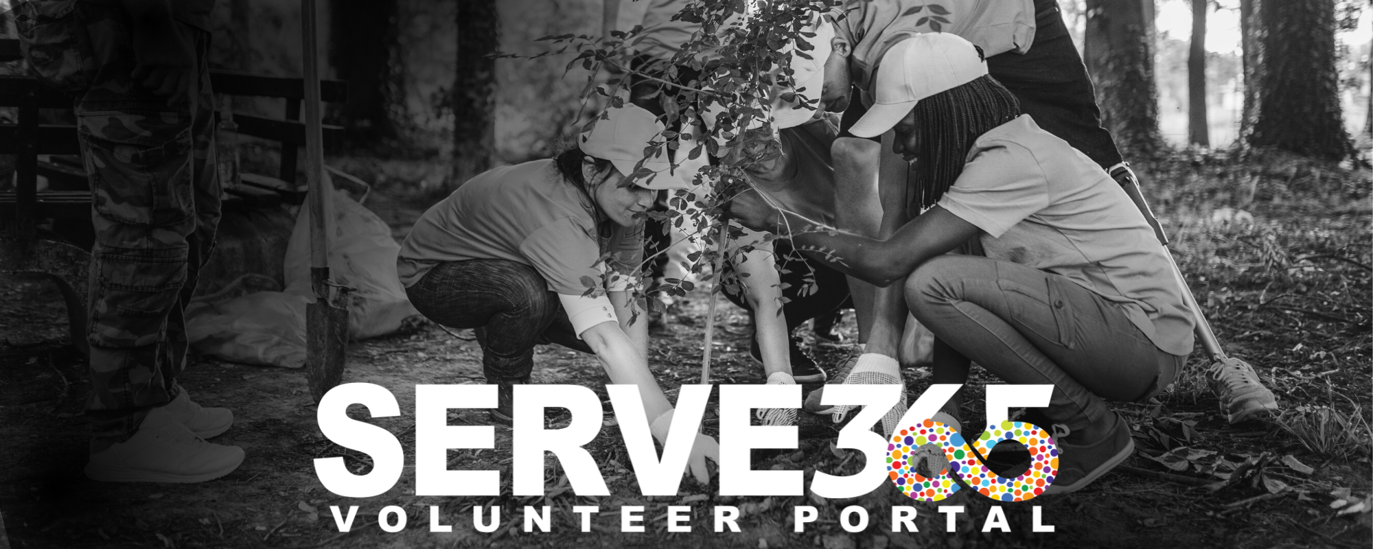SERVE365 Volunteer Portal logo on top of an image of people volunteering